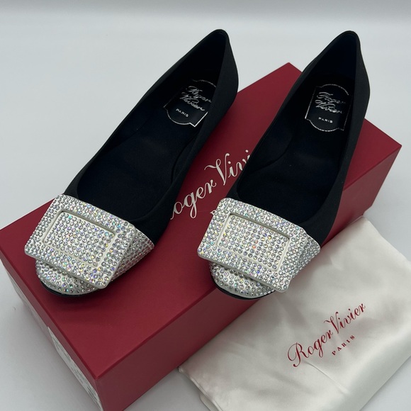 Authentic Roger Vivier Black Satin white Swarovski Crystals ballerina - Picture 1 of 14